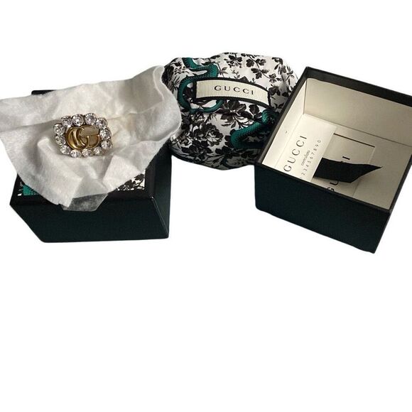 Gucci Double G Crystal Stone Aged Gold Metal Band 12 Stones Ring Size M/7 - Picture 9 of 14